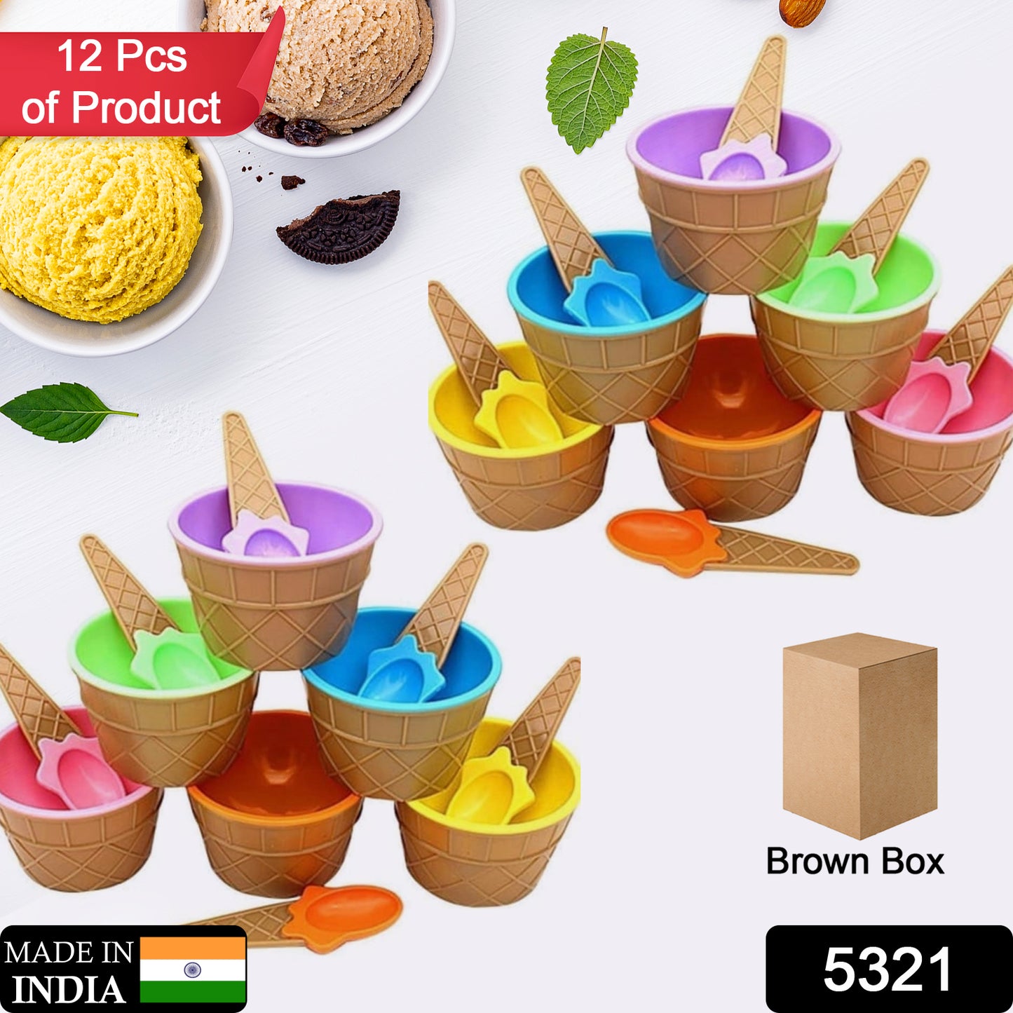 Set of 12 colorful plastic ice cream bowls with spoons by Wukusy, featuring solid cream-colored cups perfect for serving ice cream.