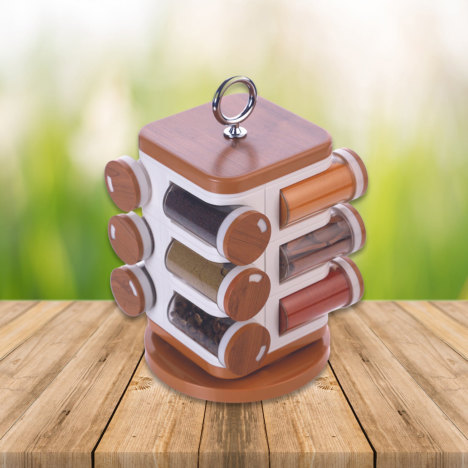Wukusy 8118 Ganesh 12-jar revolving spice rack with masala boxes and clear jars for storing spices and herbs.