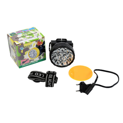 Wukusy 7517 Head Lamp with 15 LED lights, rechargeable, used for outdoor activities like camping, hiking, fishing, and cycling.