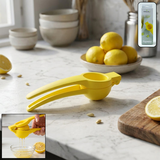 Wukusy Konvex Hand Press Plastic Lemon Squeezer showing a bright yellow citrus fruit being squeezed for juice