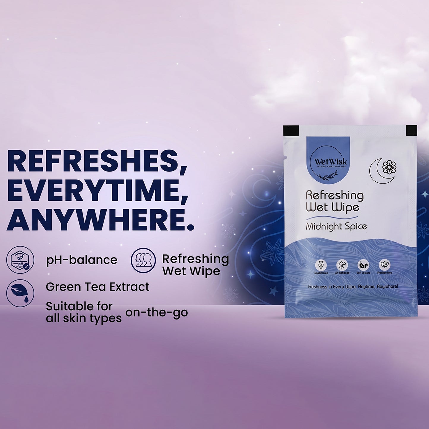 Wukusy Midnight Spice refreshing wet wipe for face, body, and hands, showing the moist cloth with a midnight spice scent.
