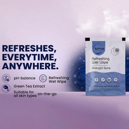 Wukusy Midnight Spice refreshing wet wipe for face, body, and hands, showing the moist cloth with a midnight spice scent.