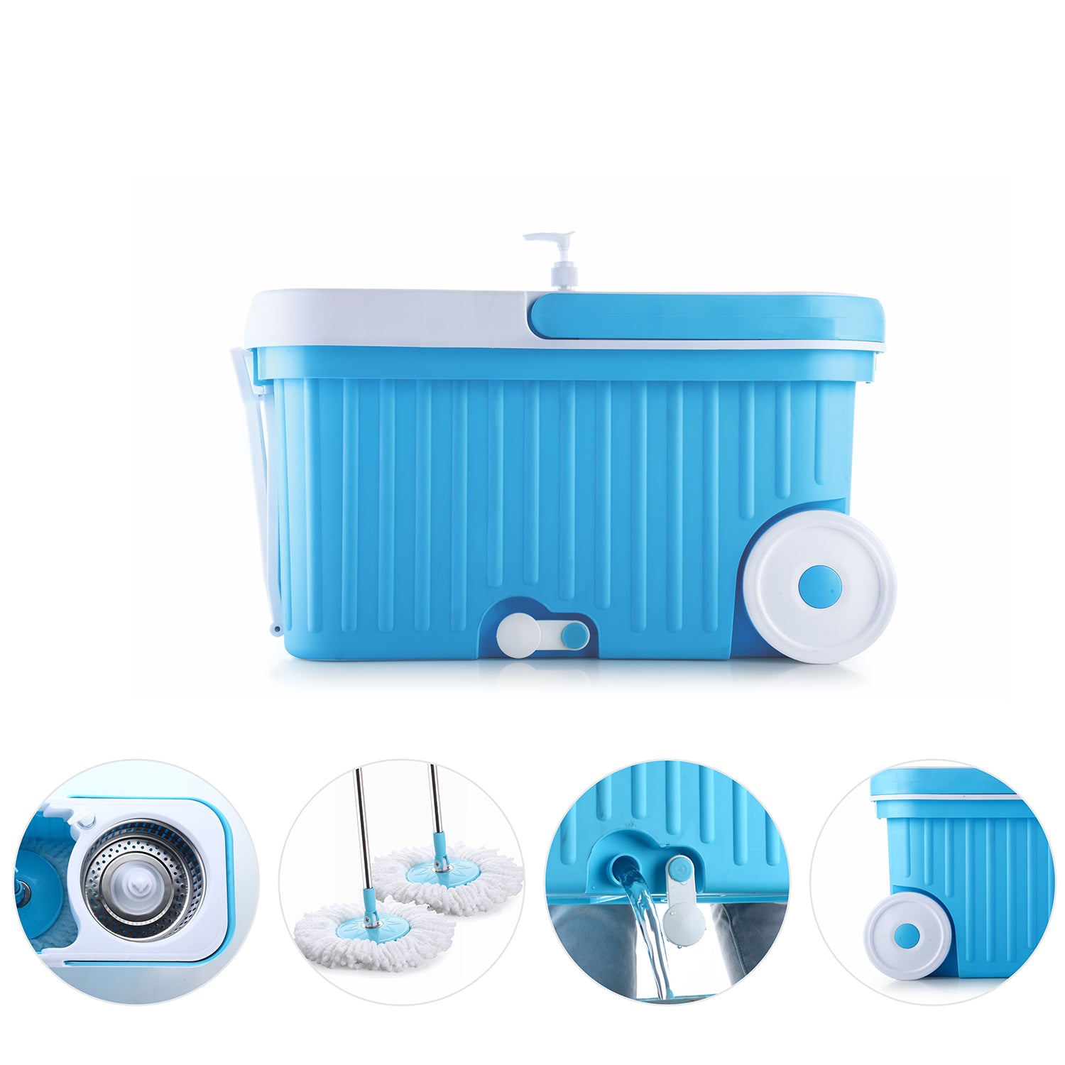 Wukusy 8712 Sporty plastic spin mop with large wheels and auto-fold handle for 360-degree cleaning, ideal for home improvement.