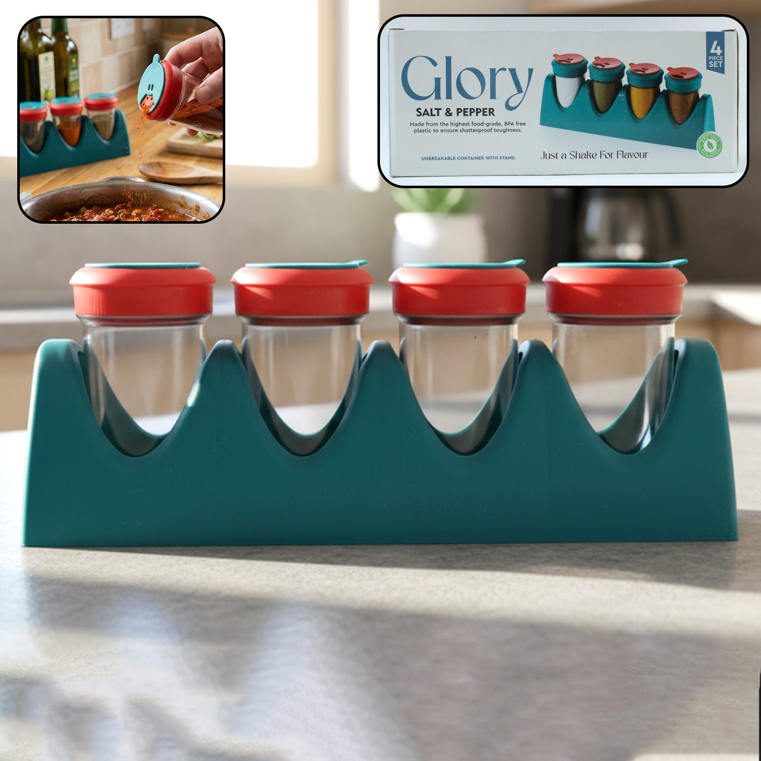Wukusy 4-in-1 multipurpose spice shaker set with four compartments for salt, pepper, and spices, compact and easy to use.