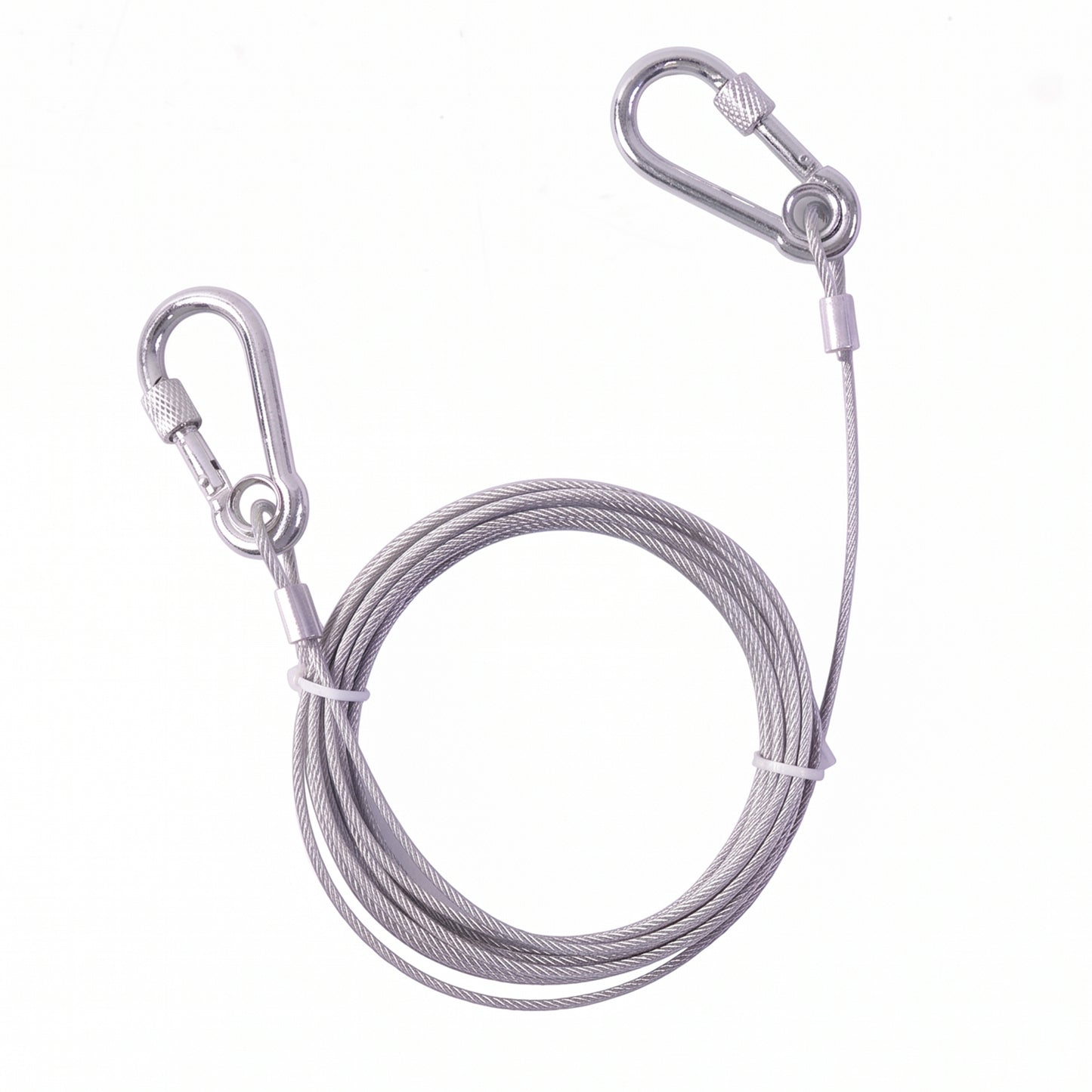 Heavy duty steel wire rope clothesline with carabiner hooks, 5 meters long, by Wukusy, suitable for outdoor drying and hanging clothes.