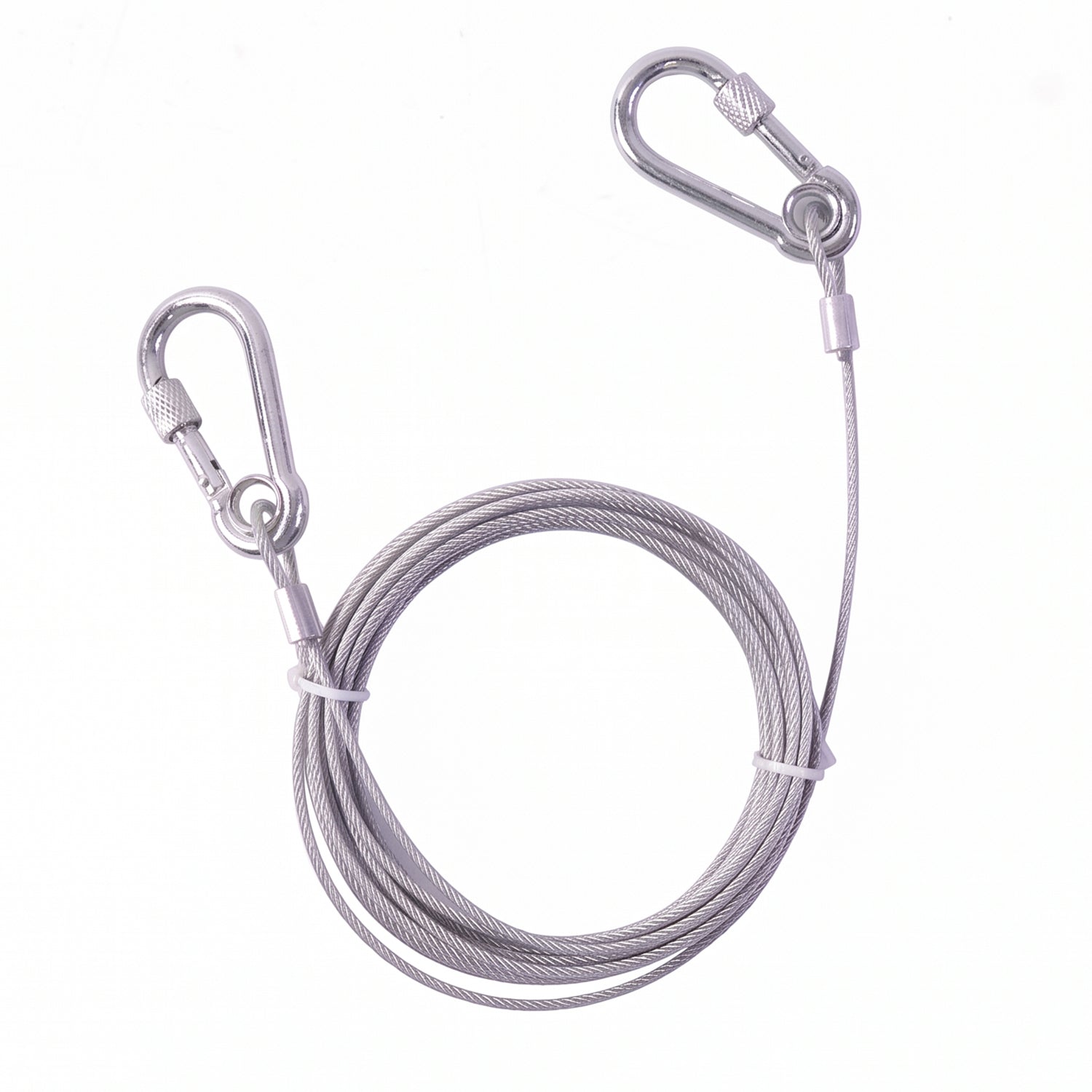 Heavy duty steel wire rope clothesline with carabiner hooks, 5 meters long, by Wukusy, suitable for outdoor drying and hanging clothes.