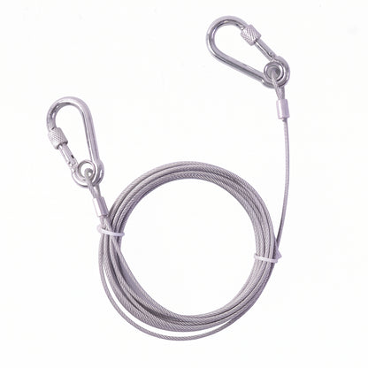 Heavy duty steel wire rope clothesline with carabiner hooks, 5 meters long, by Wukusy, suitable for outdoor drying and hanging clothes.