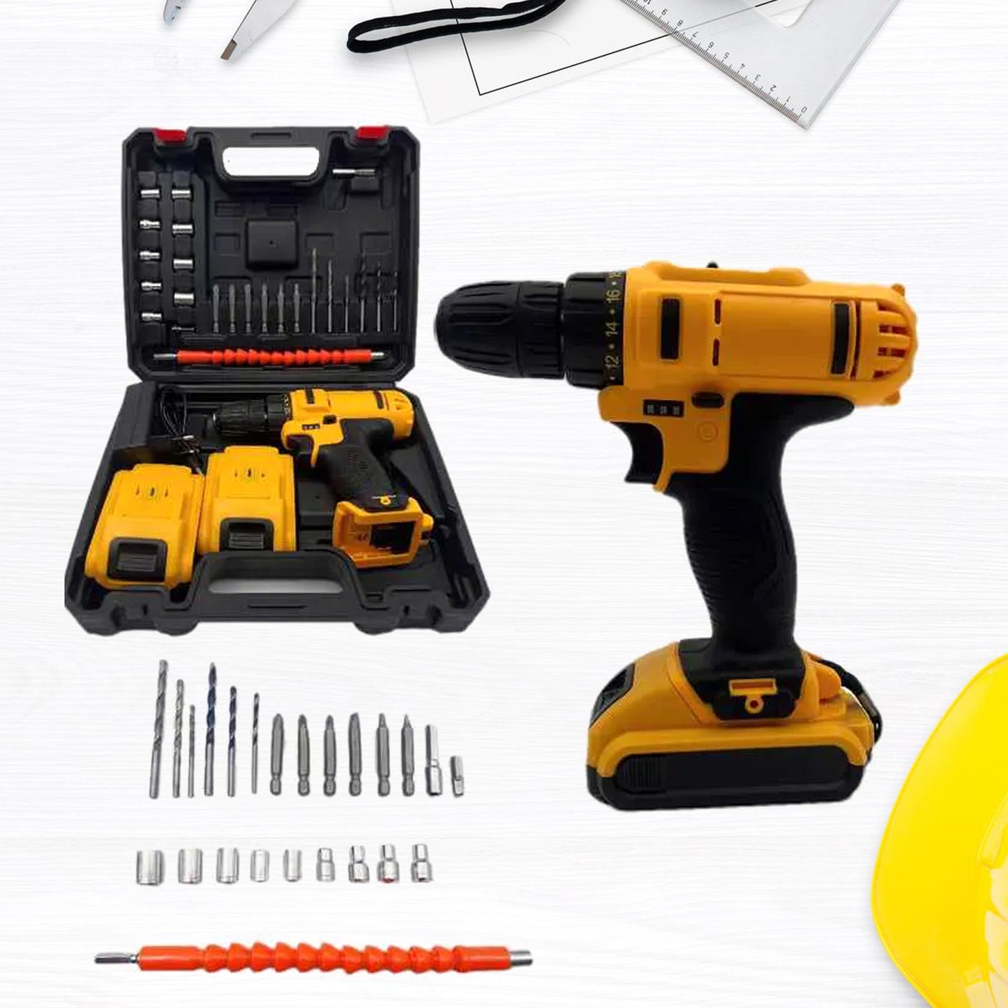Wukusy 21V Lithium Double Battery Cordless Drill Set with 29 tools and accessories for home and DIY projects.