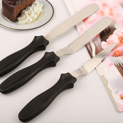 Wukusy multi-function stainless steel cake icing spatula set with flat, angular, triangle shapes for decorating cakes and pastries.