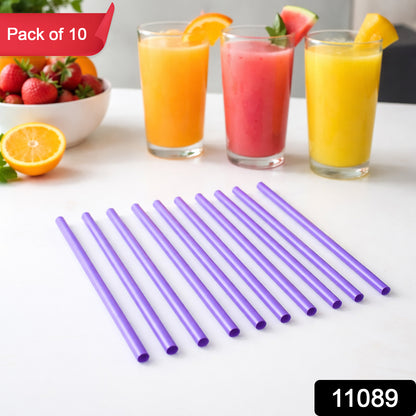 Set of 10 reusable plastic drinking straws by Wukusy, green and clear, arranged in a pack with some straws bent and straight.