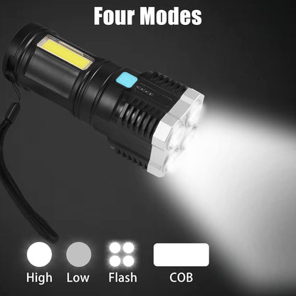 Wukusy 9370 portable rechargeable 4 LED flashlight with long-distance beam, cob light, 4 modes, ideal for camping and hiking.