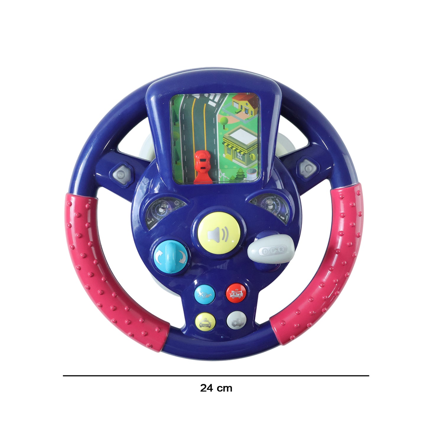 Wukusy musical steering wheel driving toy for kids with colorful buttons and sound features on a white background.