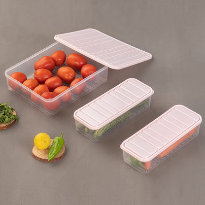 Wukusy 3-pack plastic food storage containers with lids, stackable fridge organizers for vegetables, frozen items, and kitchen storage.