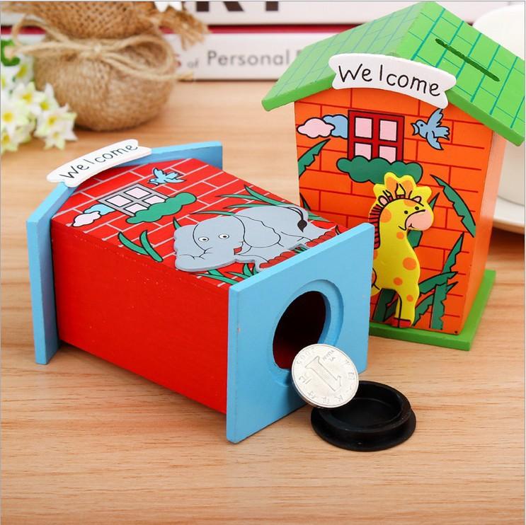 Wooden piggy bank shaped like a cute cartoon house by Wukusy, featuring colorful house details and a slot for coins.