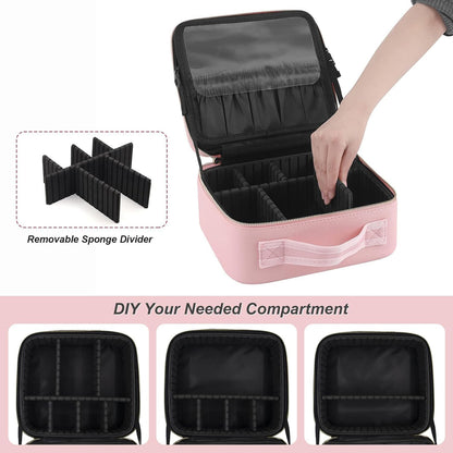 Pink Wukusy LED light makeup organizer box with multiple compartments and built-in lighting for easy makeup storage and access.