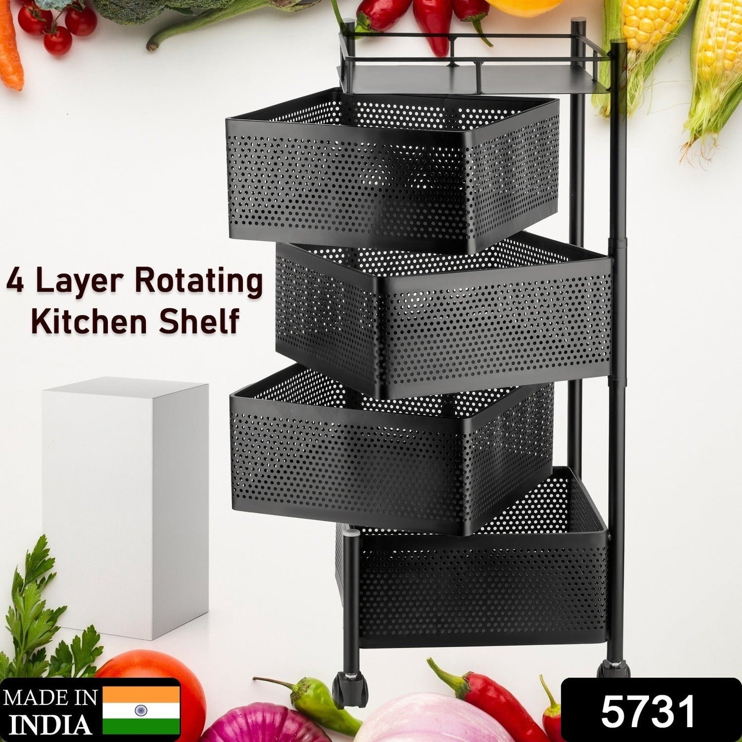 Wukusy metal kitchen trolley with four-layer square design, wheels, for organizing fruits, vegetables, and kitchen accessories.