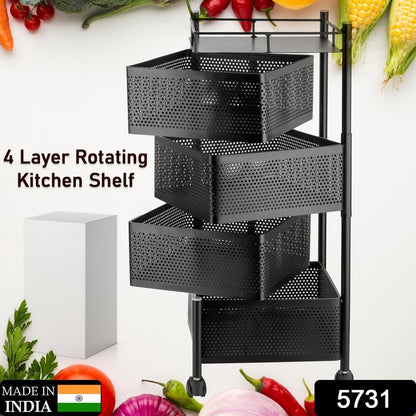 Wukusy metal kitchen trolley with four-layer square design, wheels, for organizing fruits, vegetables, and kitchen accessories.