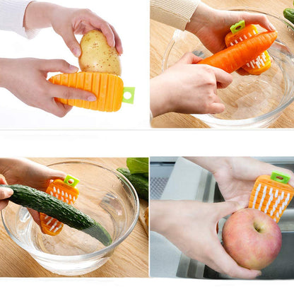 Wukusy vegetable scrubbing brush in carrot shape, non-toxic kitchen tool for cleaning potatoes and vegetables, durable and easy to use.