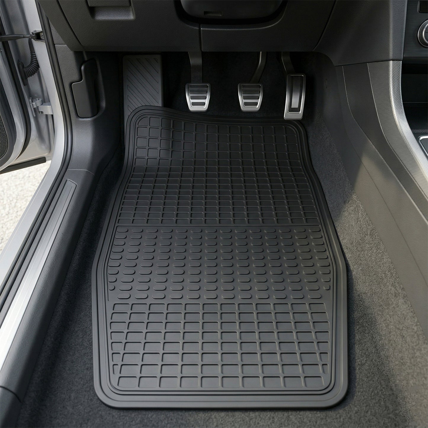 Wukusy premium heavy-duty car floor mat set with four large, durable rubber mats for front and rear vehicle protection
