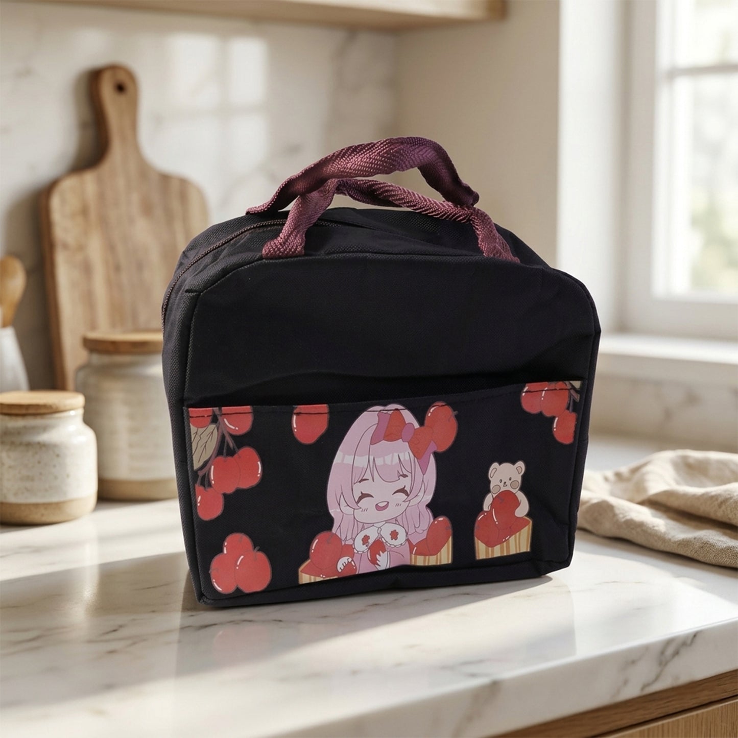 Wukusy insulated lunch bag with colorful cartoon design, featuring a spacious interior for meals and snacks.