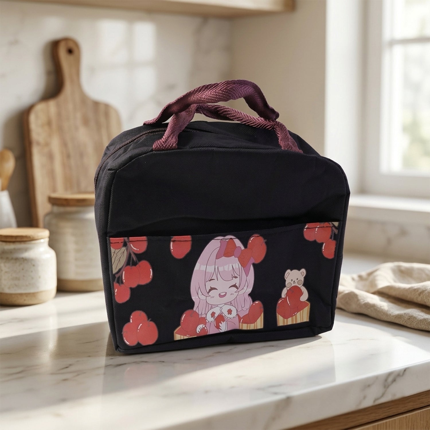 Wukusy insulated lunch bag with colorful cartoon design, featuring a spacious interior for meals and snacks.