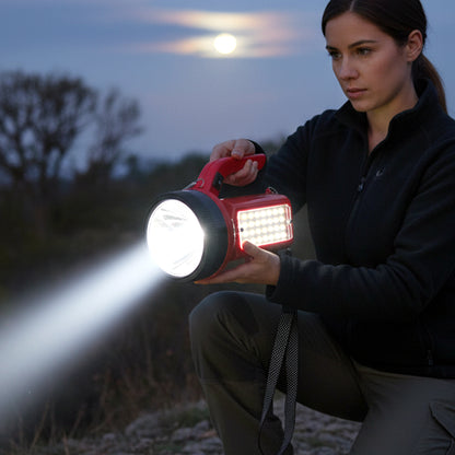Wukusy Omega 200W high power LED laser torch light with side emergency light panel, shown with focused beam and side panel features.