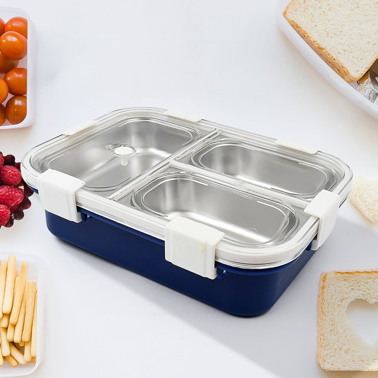 Wukusy 5500 3-compartment transparent stainless steel lunch box for kids, with insulated design for school, office, boys, and girls.