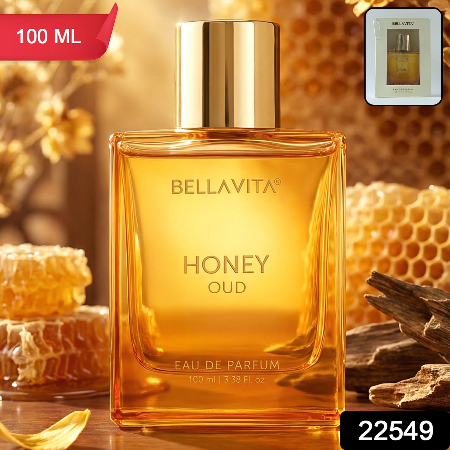 Bellavita Premium Honey Oud perfume by Wukusy, 100ml bottle with elegant packaging and a luxurious scent profile.