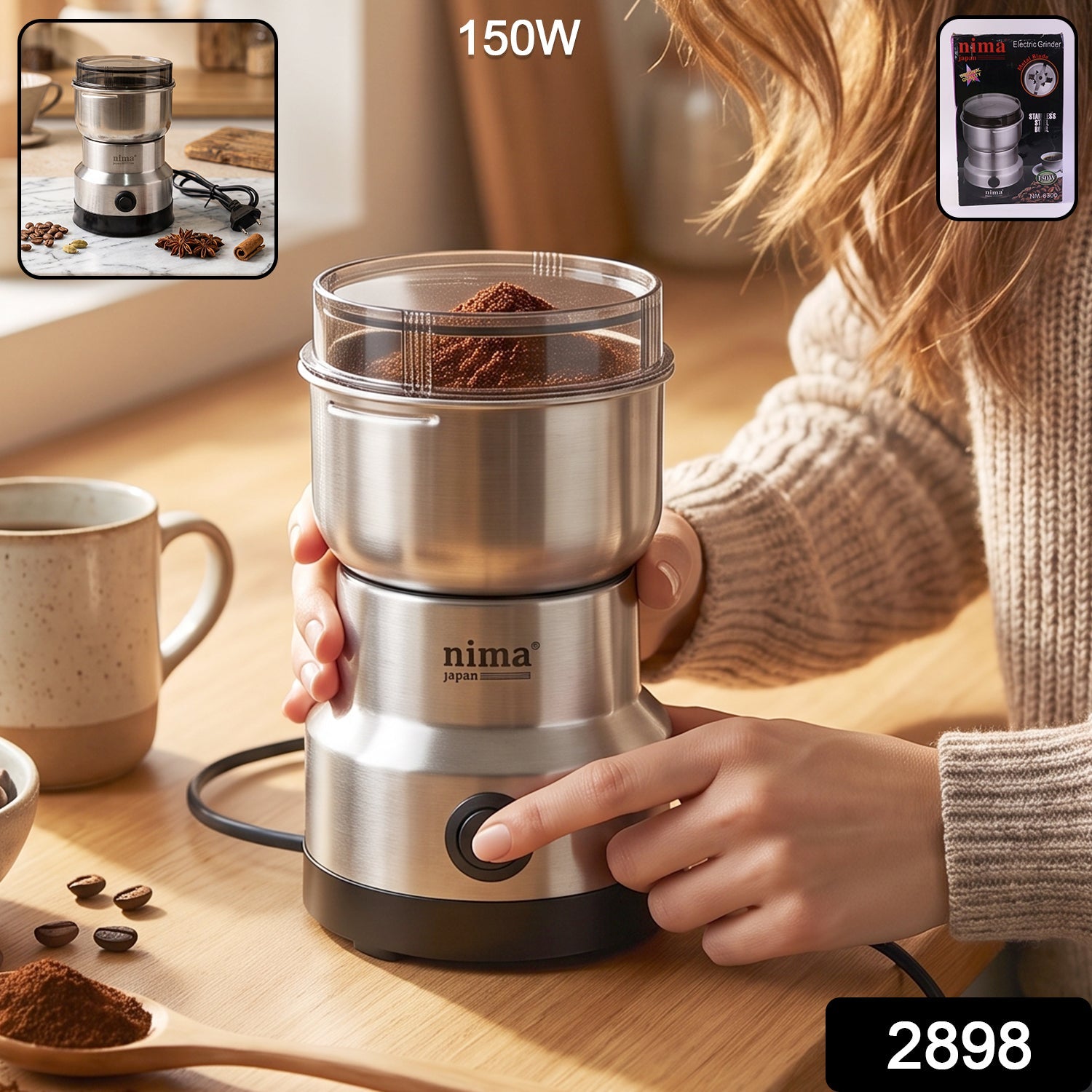 Wukusy mini electric grinder with stainless steel body, 150W for coffee, spices, and masala in a compact design.