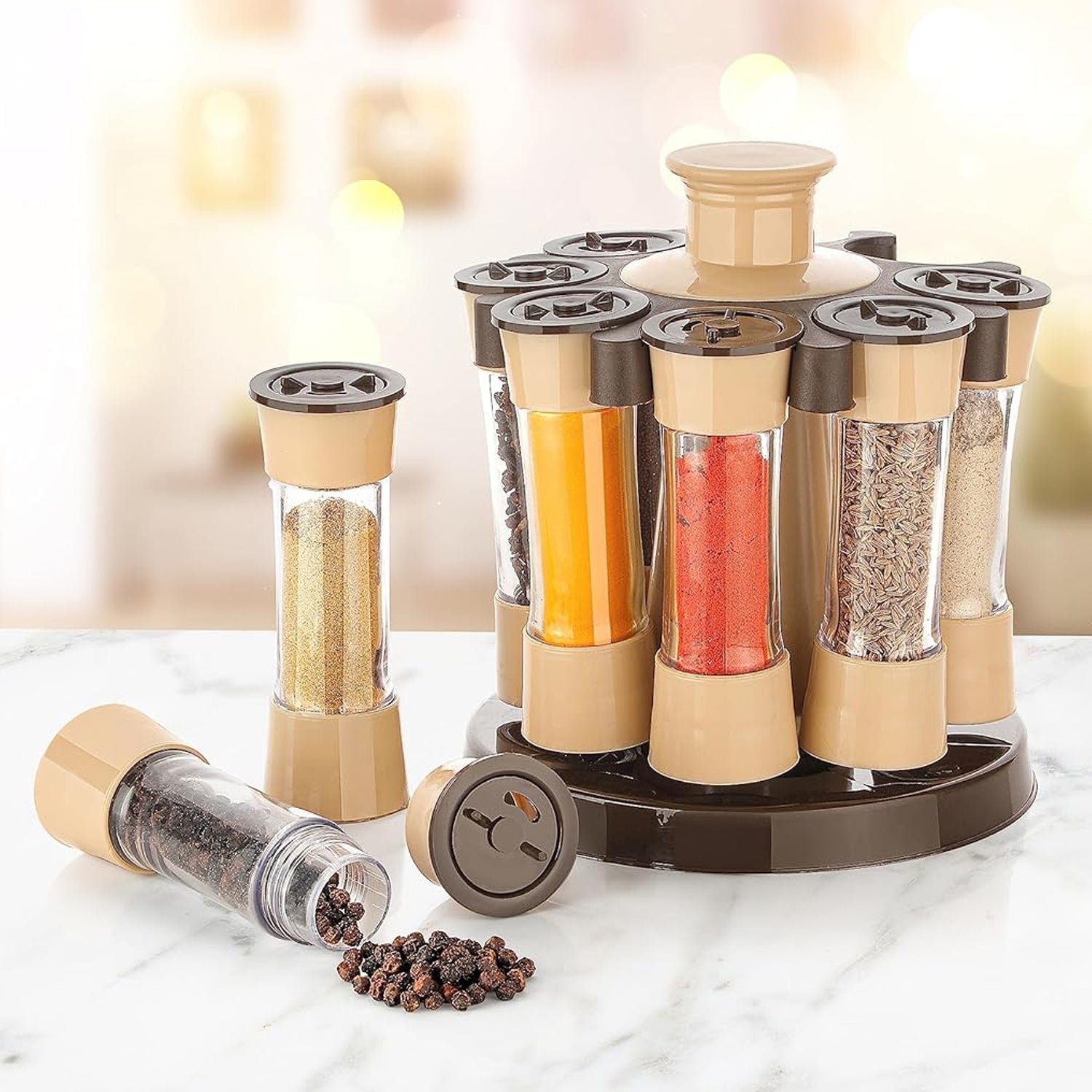 Wukusy 360 revolving spice rack with eight glass spice jars for kitchen and dining table storage