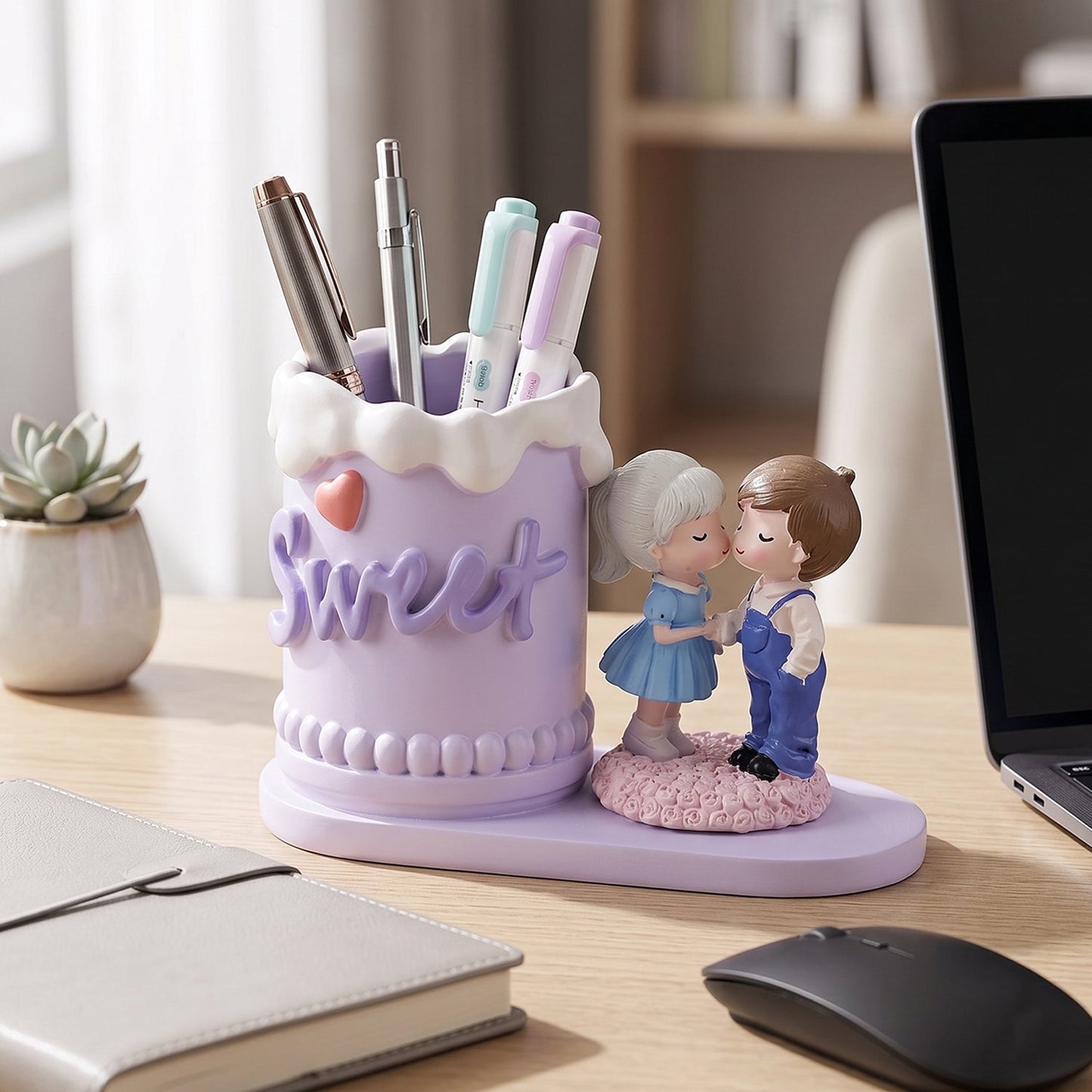 Wukusy sweet couple resin pen holder stand on a desk, cute desk organizer with space for pencils and small office supplies