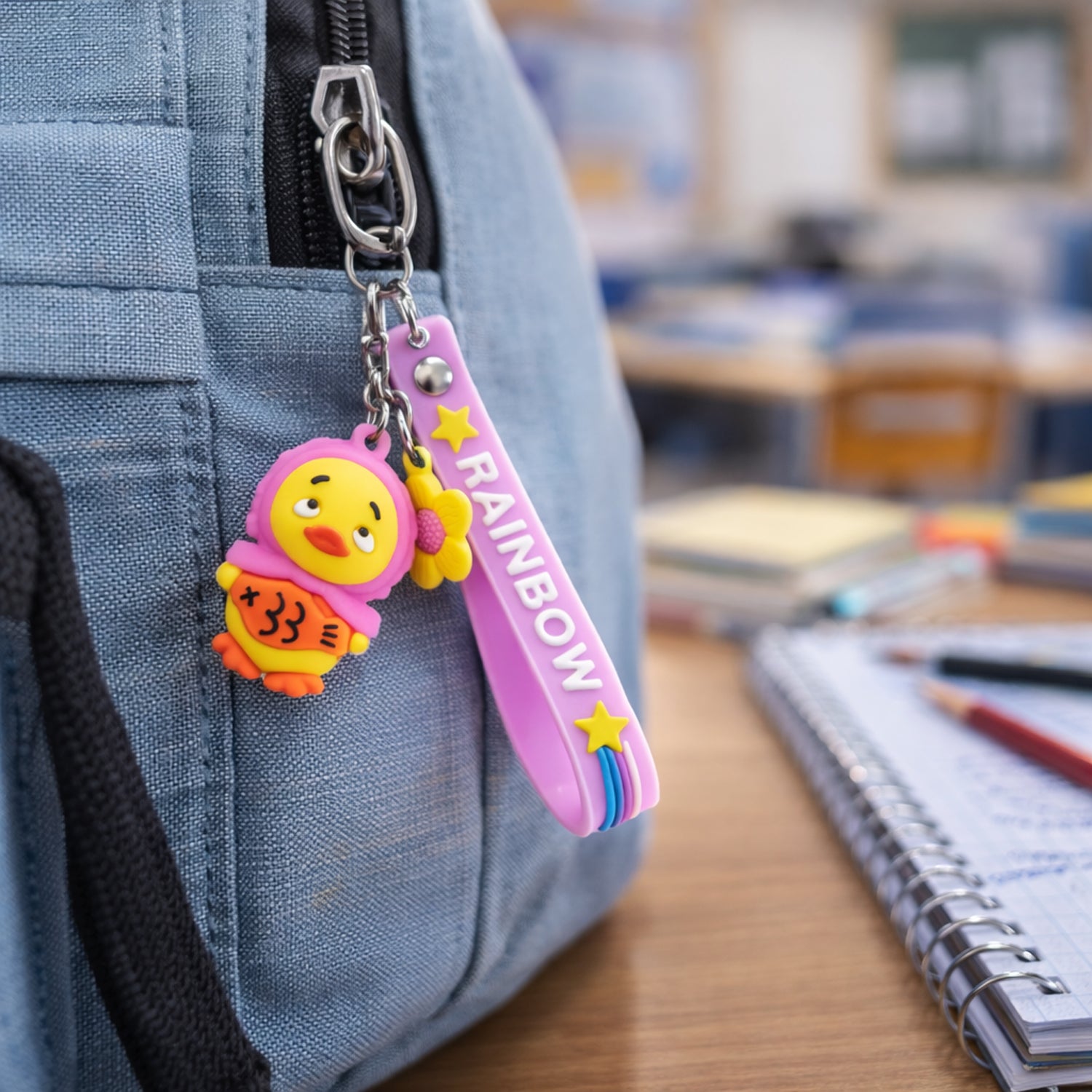 Cute rainbow strap cartoon duck keychain by Wukusy featuring a colorful, playful duck design with a removable strap.