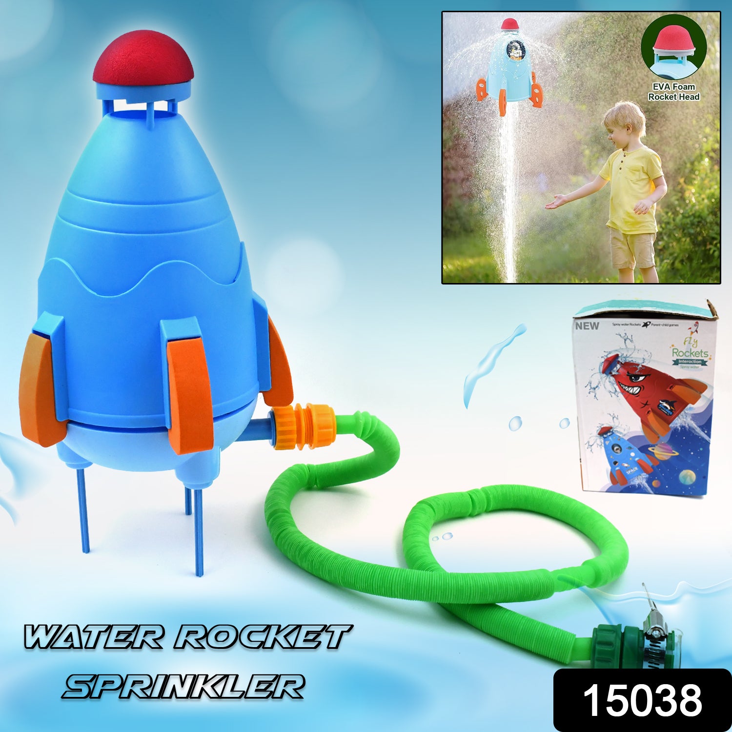 Wukusy garden sprinkler rocket launcher toy set for kids, featuring colorful water-based play equipment for summer outdoor fun.