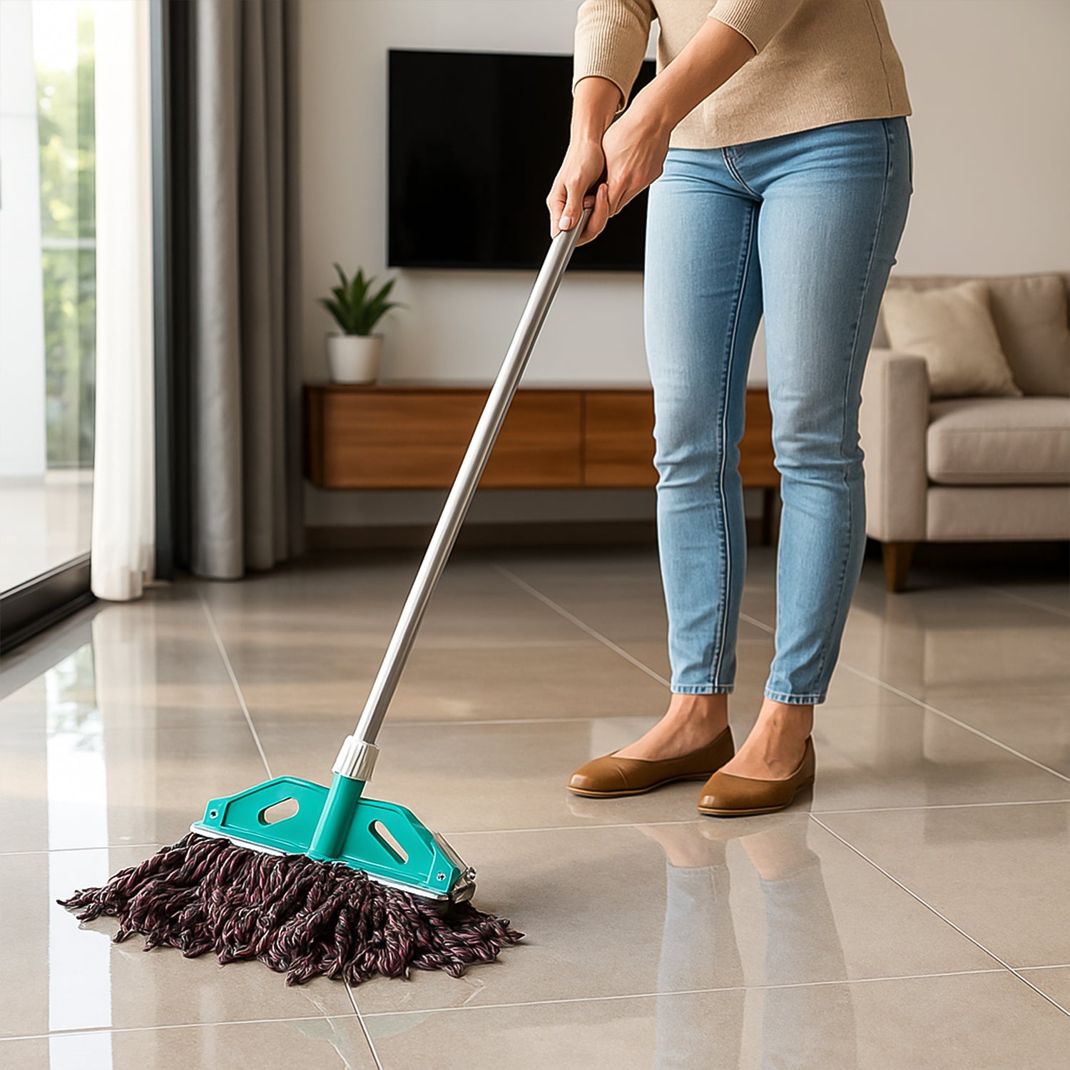 Wukusy premium cotton yarn floor cleaning mop with long handle, ideal for home cleaning and floor maintenance.