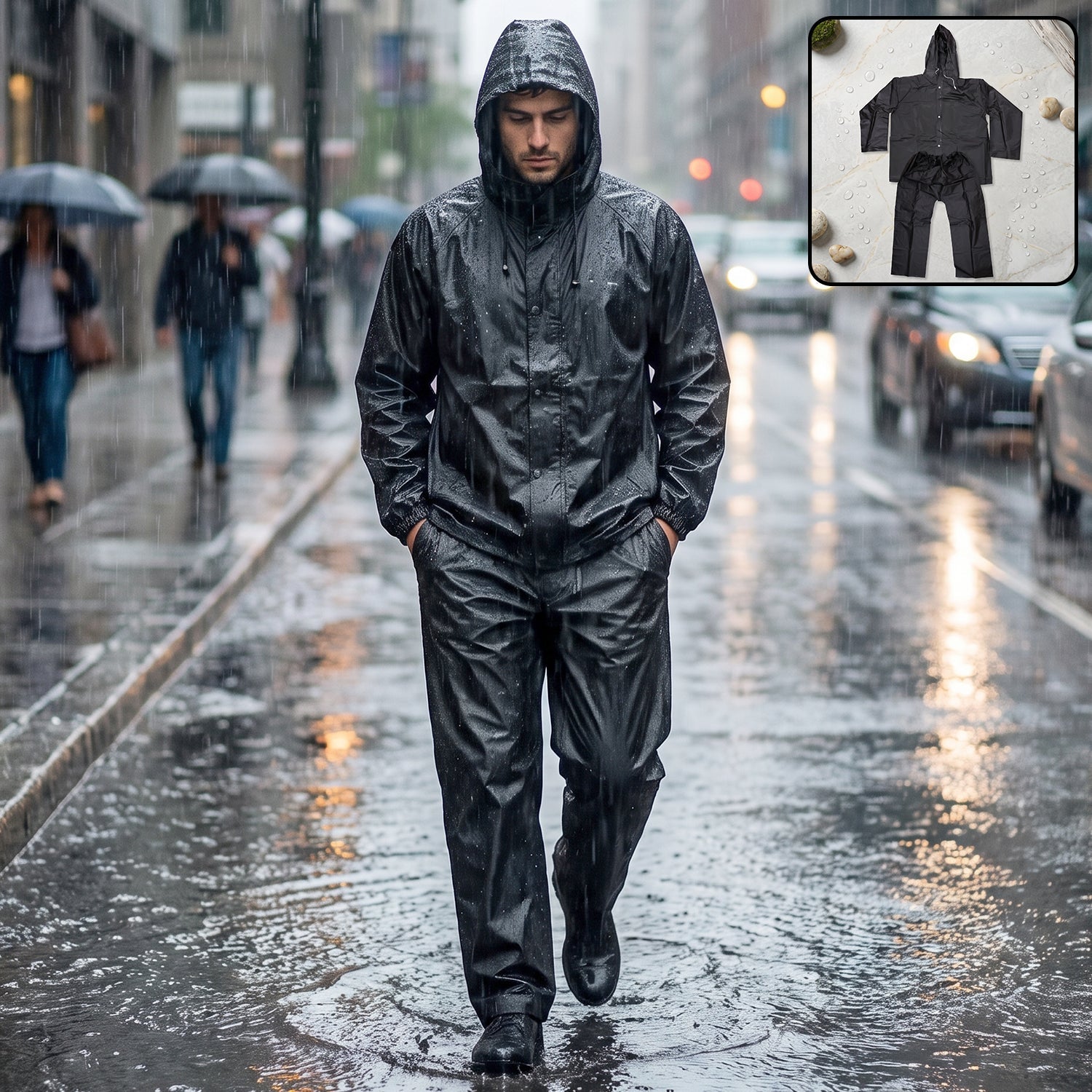 Wukusy waterproof Eva rain coat set with hood jacket and pants, reusable and weather-resistant, suitable for rainy days