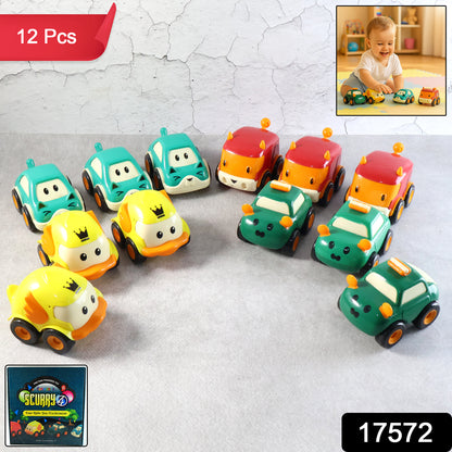 Set of 12 Wukusy cartoon pull-back toy cars for kids, colorful plastic vehicles with playful designs.