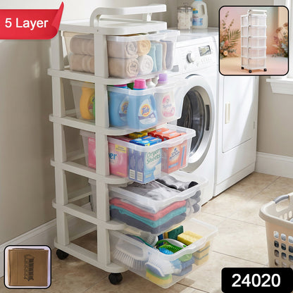 Wukusy 5-layer plastic storage drawer rack with wheels, home organization unit, showing multiple stacked drawers on a white background.