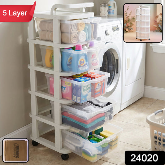 Wukusy 5-layer plastic storage drawer rack with wheels, home organization unit, showing multiple stacked drawers on a white background.