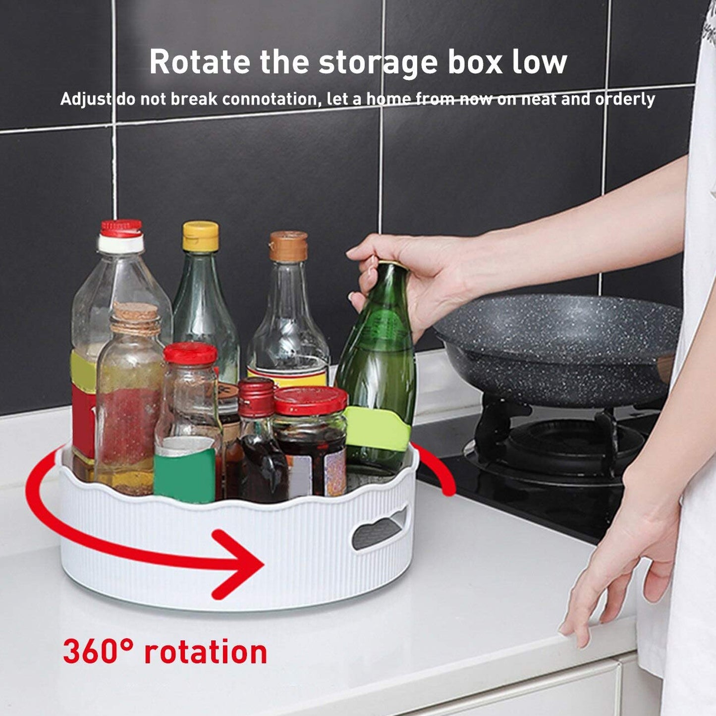 Wukusy 360-degree rotating kitchen organizer trolley with revolving tray for efficient storage on a dining table or countertop.