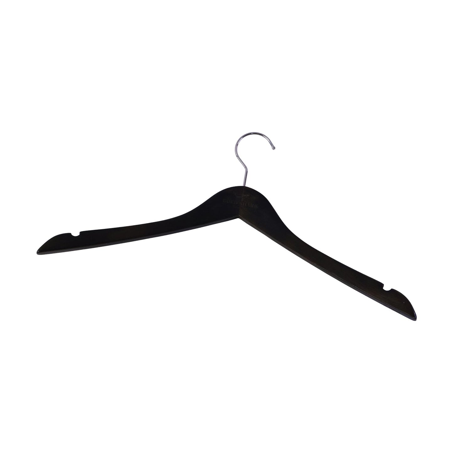 Wukusy premium cloth hanger with metal hook for shirts, coats, and tops, hanging in a wardrobe.