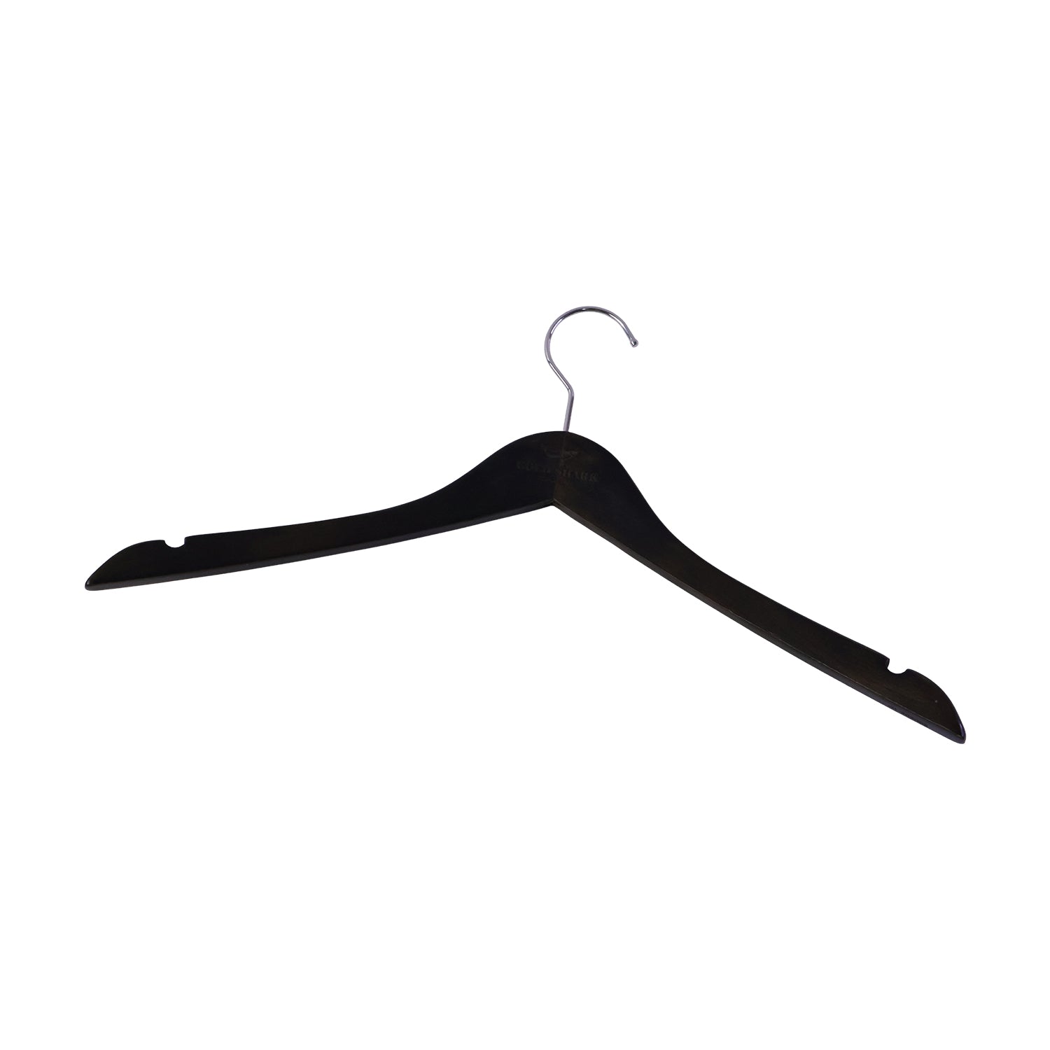 Wukusy premium cloth hanger with metal hook for shirts, coats, and tops, hanging in a wardrobe.