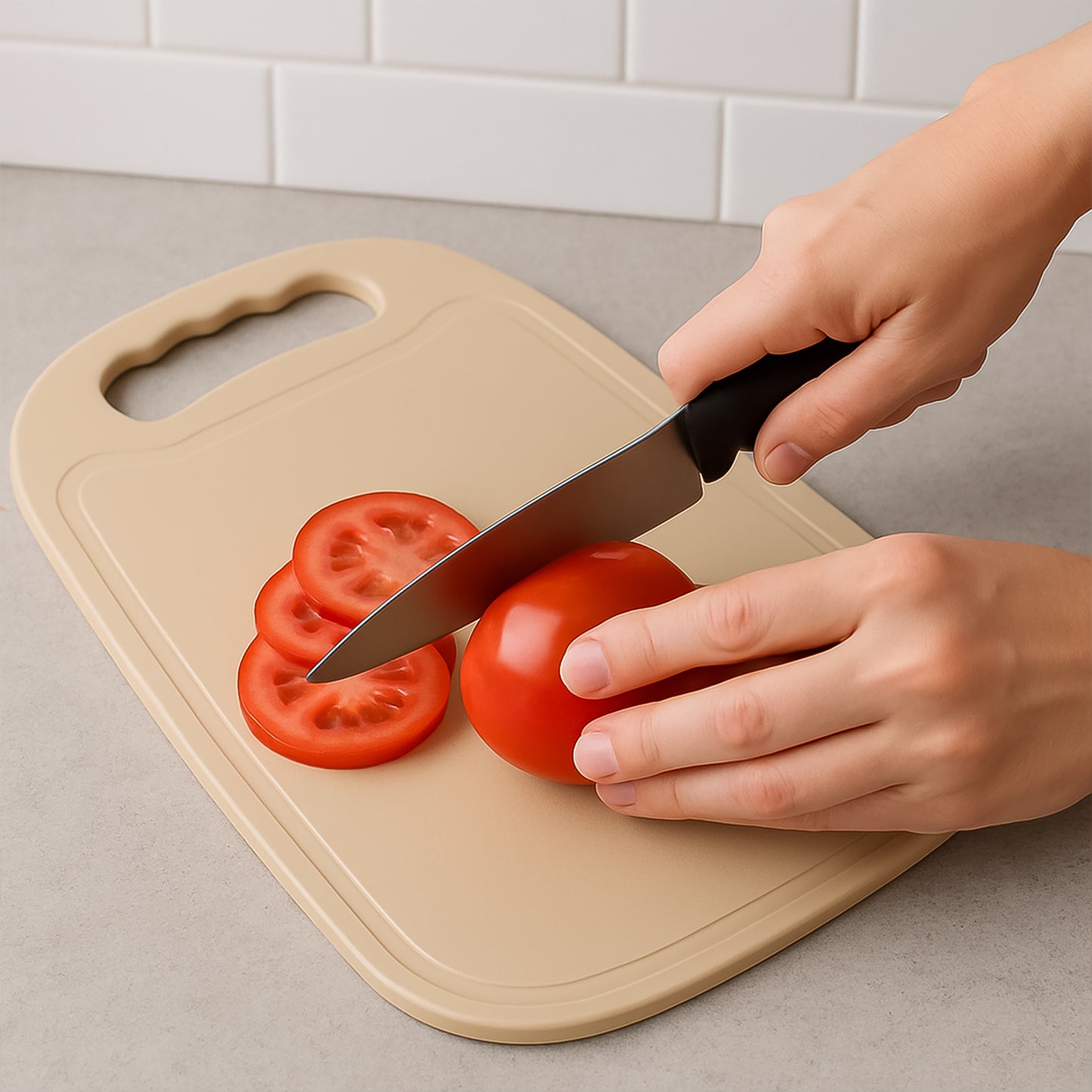 Plastic chopping board from Wukusy, 34x23 cm, ideal for kitchen prep, sturdy and durable for home cooking tasks.