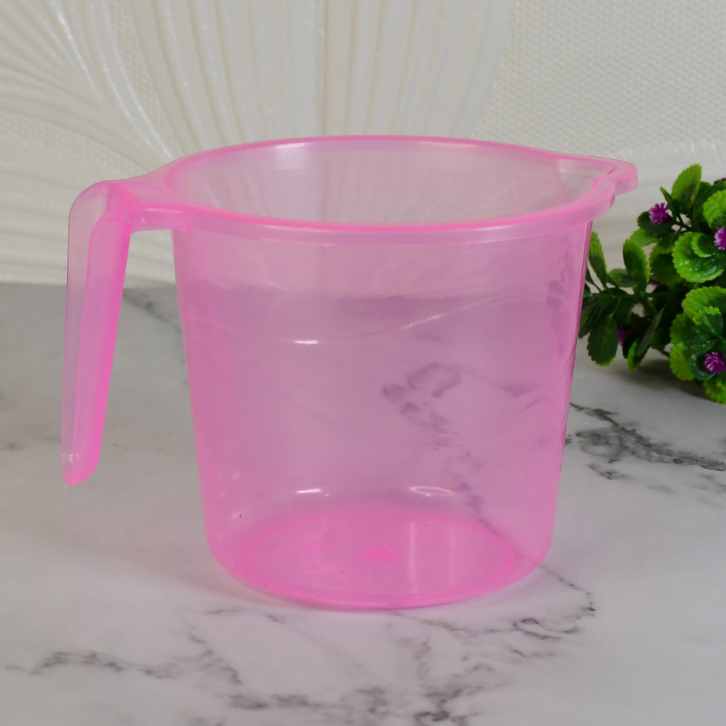Transparent plastic round bath water mug with 1200ml capacity in mix colors, designed for home and kitchen use.