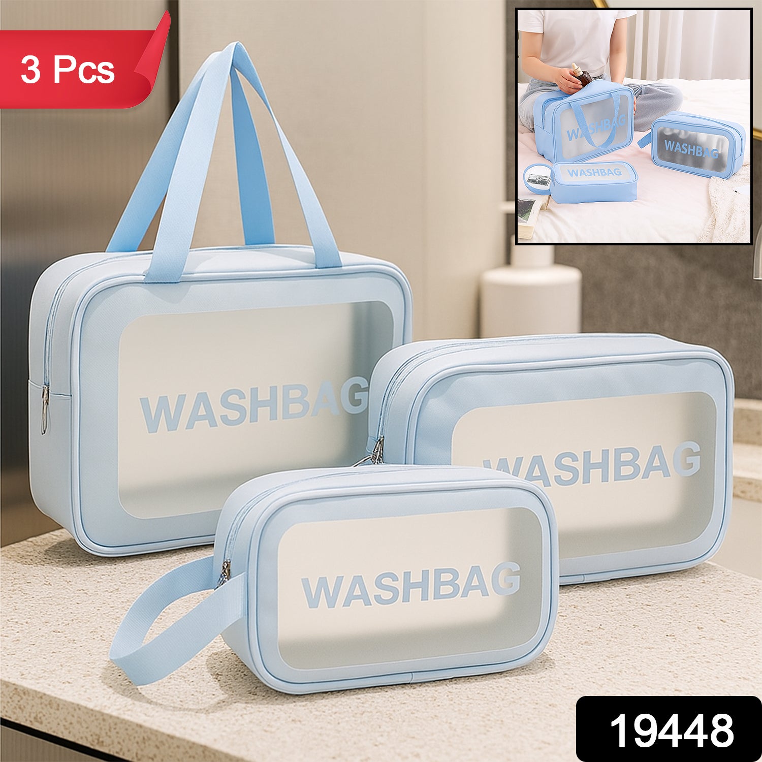 Transparent waterproof travel toiletry bag set by Wukusy with multiple compartments for organizing toiletries on the go.