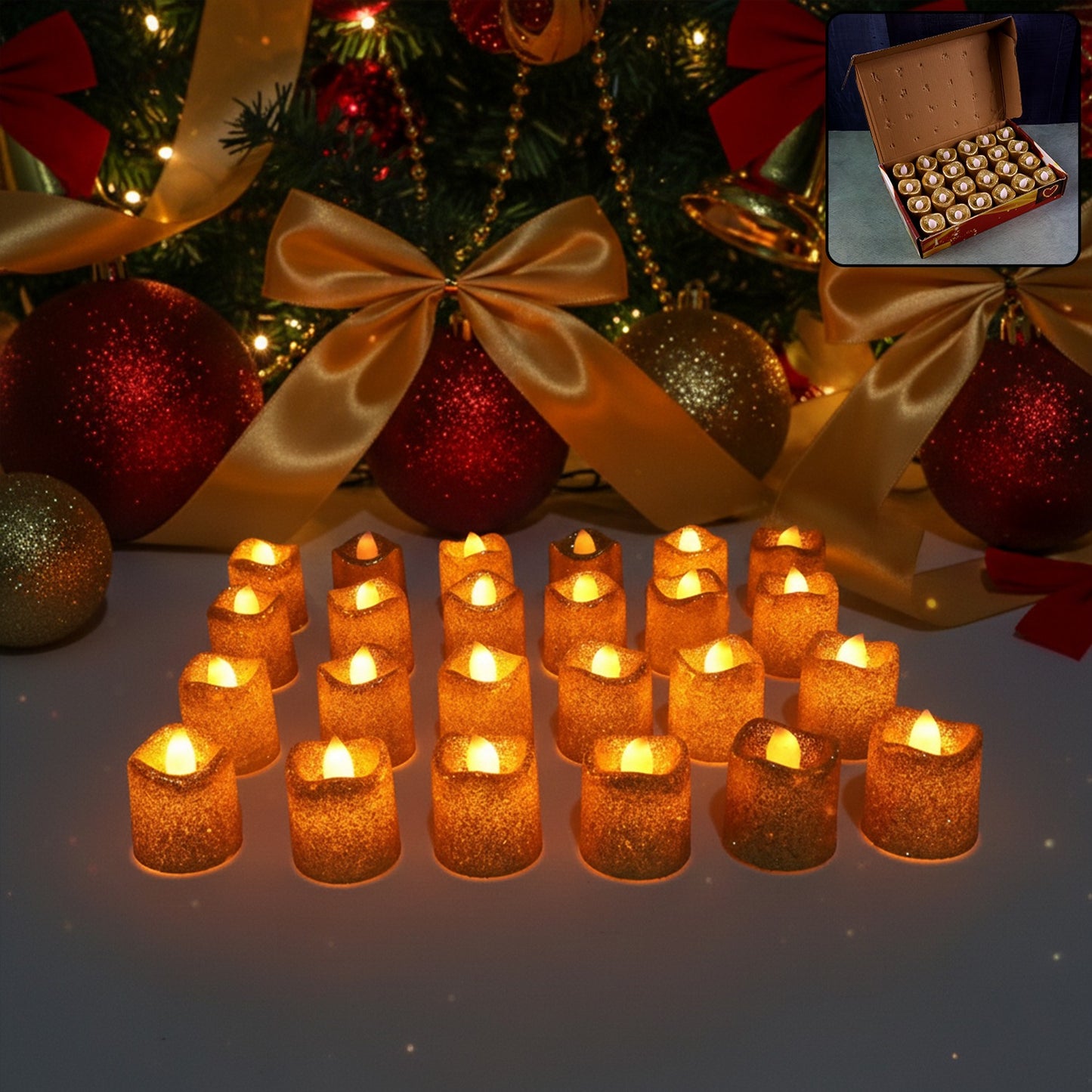 Set of 24 Wukusy Christmas glitter LED tealight candles, flameless decorative lights for holiday home decor, shimmering and festive.