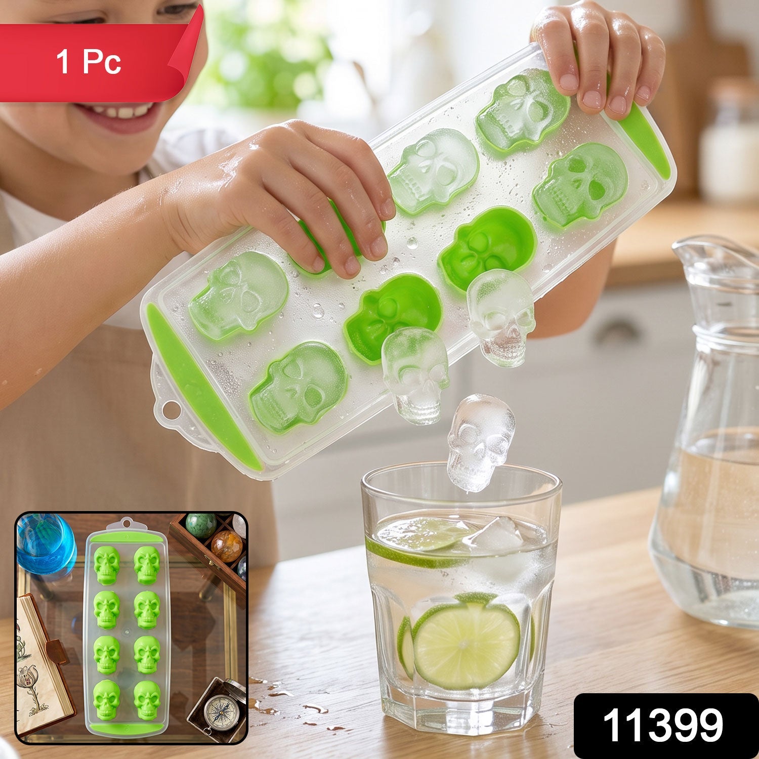 Plastic skull-shaped ice cube tray with lid, Wukusy brand, showing 8 ice molds for freezer use.