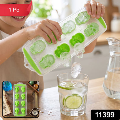 Plastic skull-shaped ice cube tray with lid, Wukusy brand, showing 8 ice molds for freezer use.