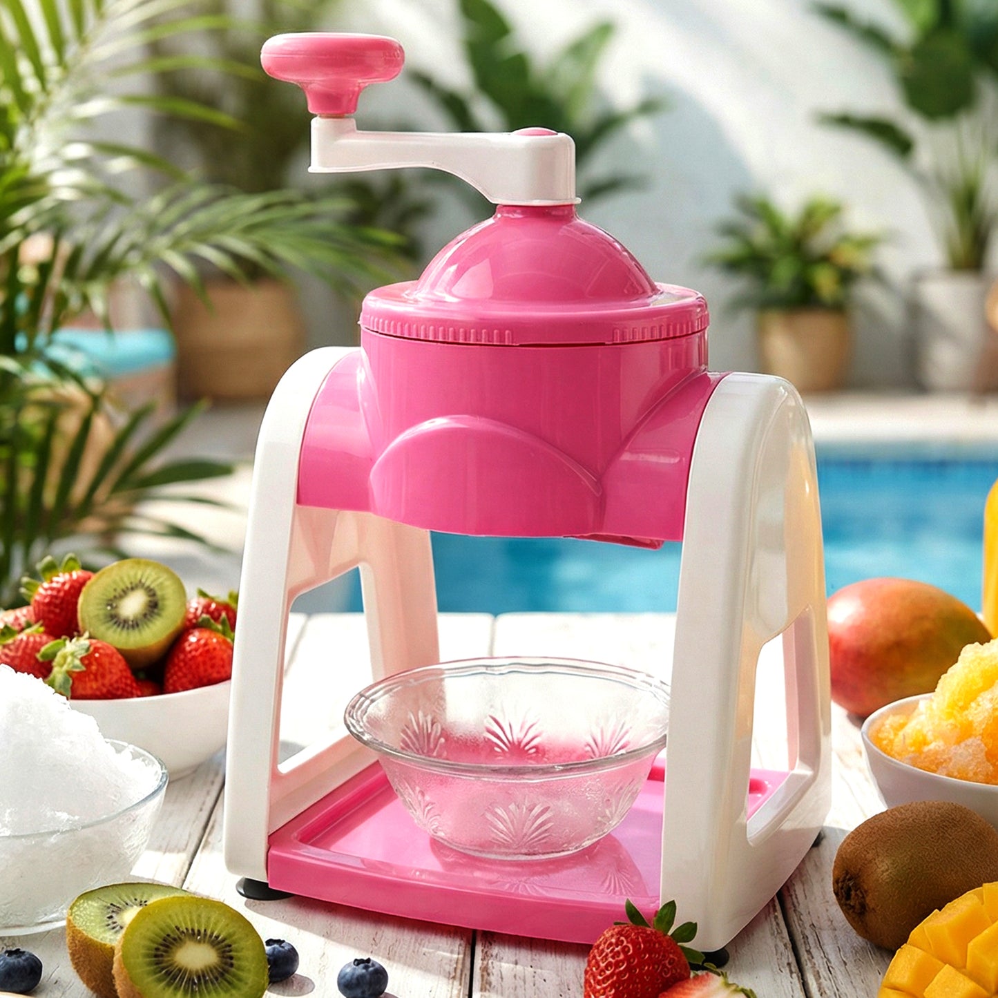 Pink manual ice crusher machine by Wukusy with textured handle and stainless steel crushing mechanism for easy ice grinding.
