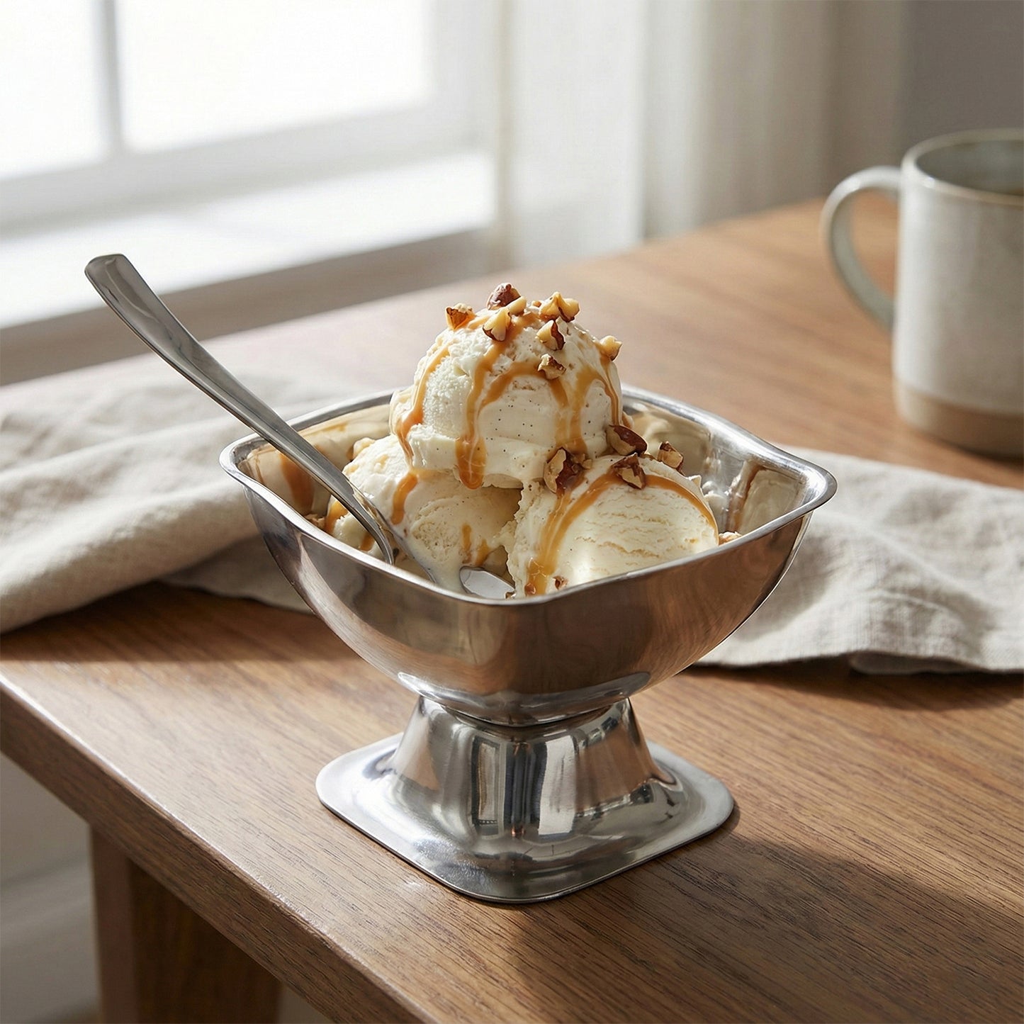 Premium stainless steel ice cream cup with 6 spoons from Wukusy, featuring a sleek, polished design and matching set of utensils.
