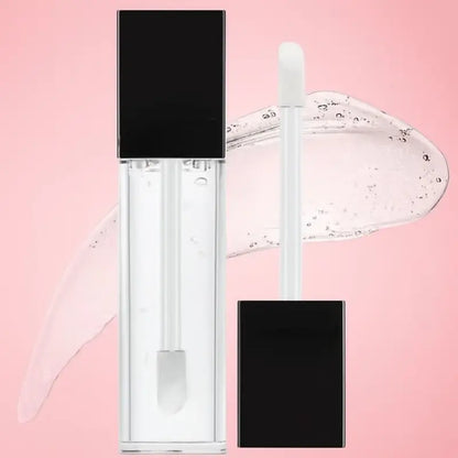 Ekom Soft Matte Lip Gloss with transparent glossy finish, showcasing a smooth, shiny lip look in natural lighting.
